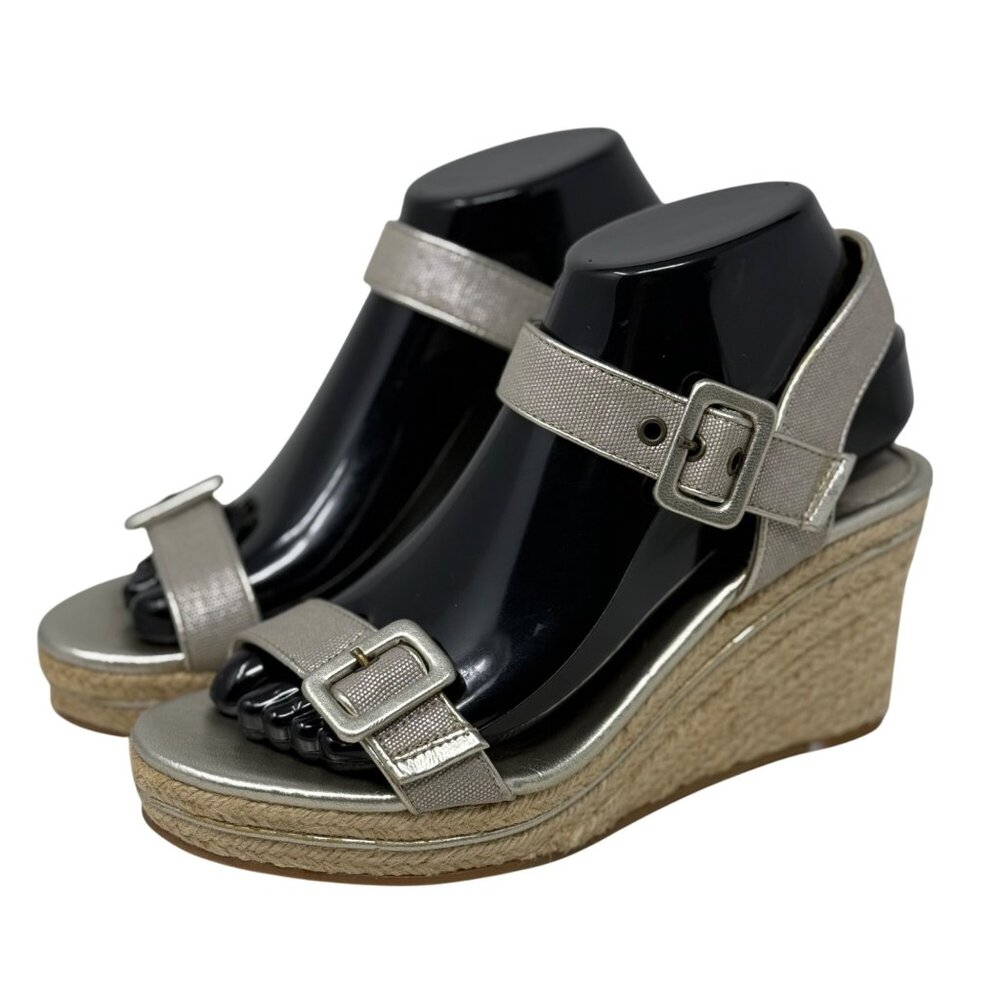 Michelle‎ D Silver Buckle Hugs Strappy Wedge Espadrille Sandals Size 7M